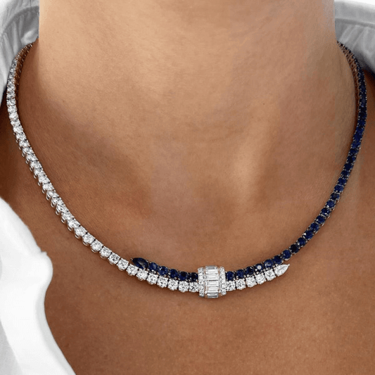 10ct Square Cut Blue & White Sapphire Statement Necklace-JEWELBUYS