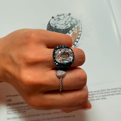 6.36Ct Cushion Cut Black Spinel and White Sapphire Ring-JEWELBUYS