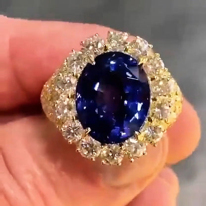 7.0Ctw Oval Royal Sapphire Blue Gold Handmade Engagement Ring-JEWELBUYS
