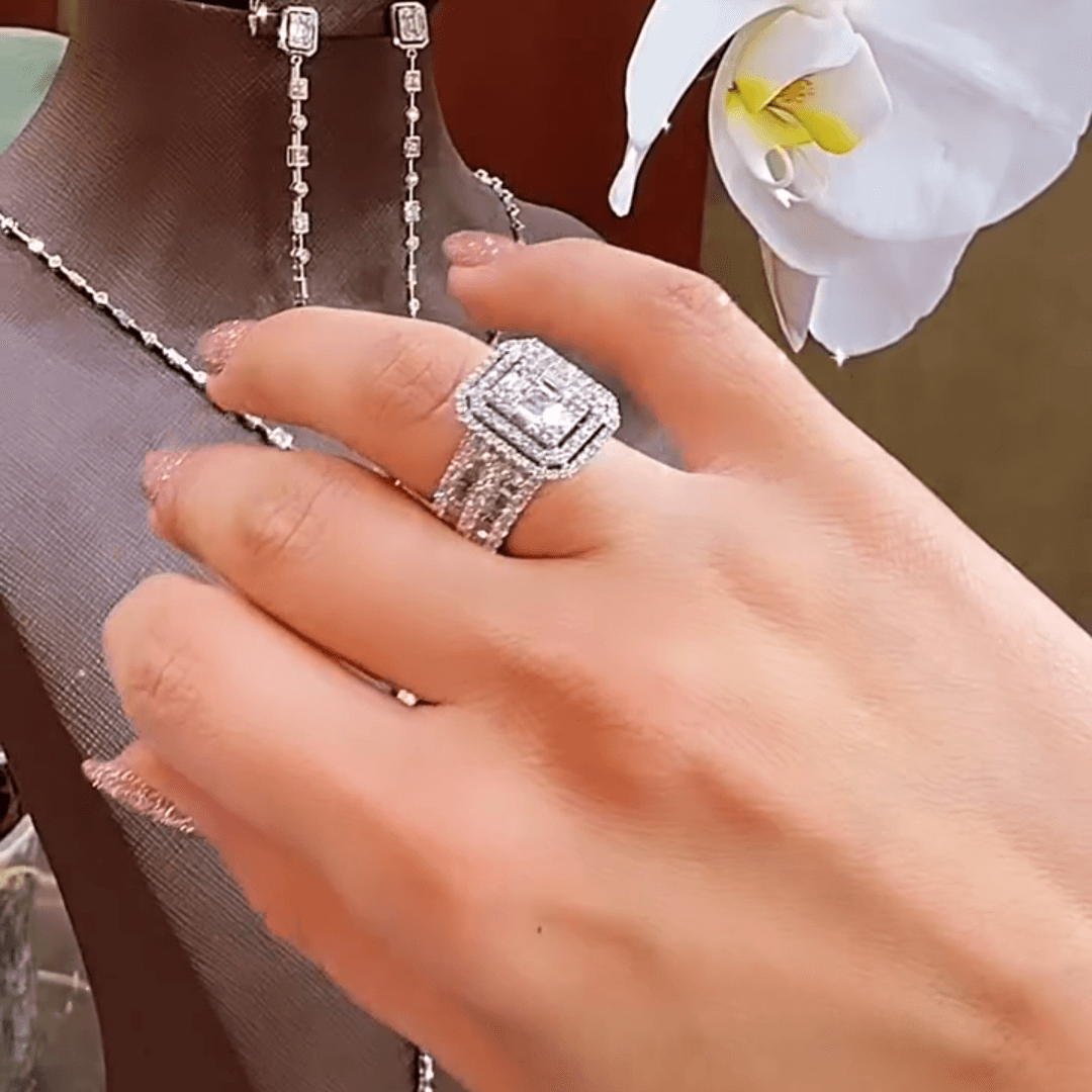 3ct Emerald & Round Cut White Sapphire Engagement Ring-JEWELBUYS