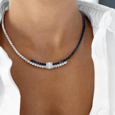 10ct Square Cut Blue & White Sapphire Statement Necklace-JEWELBUYS