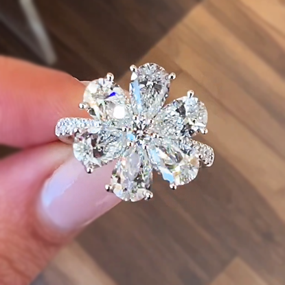 Delicate 3 ctw Pear & Round Cut White Gemstone Flower Ring -JEWELBUYS