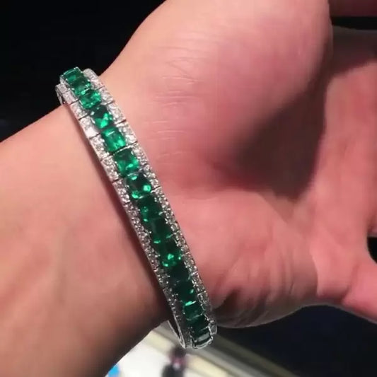 23.55ct Cushion & Round Cut White Sapphire and Emerald Two-tone Bracelet in Silver-JEWELBUYS