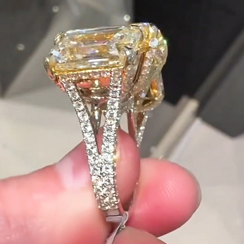 8ctw 3 Main Stones with Paved Diamonds Emerald Cut Yellow Sapphire Women's Engagement Ring in Silver-JEWELBUYS