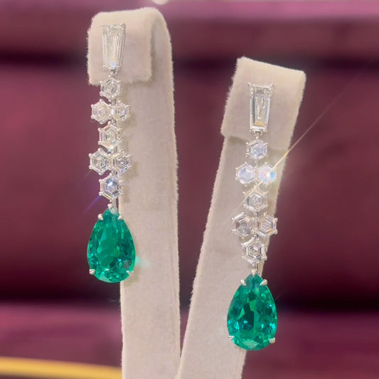6.0Ctw pear-shaped emerald and hexagonal sapphire geometric design pendant earrings-JEWELBUYS