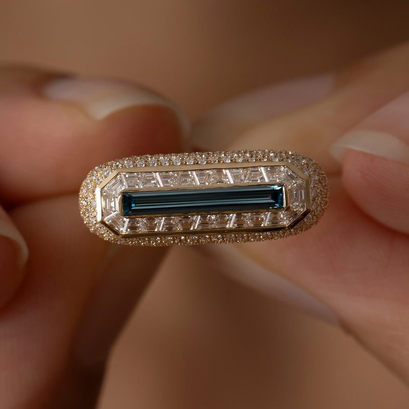 4.0Ctw Delicate Elongated Baguette Fancy Blue Sapphire Ring-JEWELBUYS