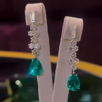 6.0Ctw pear-shaped emerald and hexagonal sapphire geometric design pendant earrings-JEWELBUYS