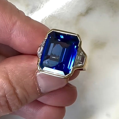 4ct Emerald Cut Blue Gemstone Three Stone Engagement Ring - JEWELBUYS