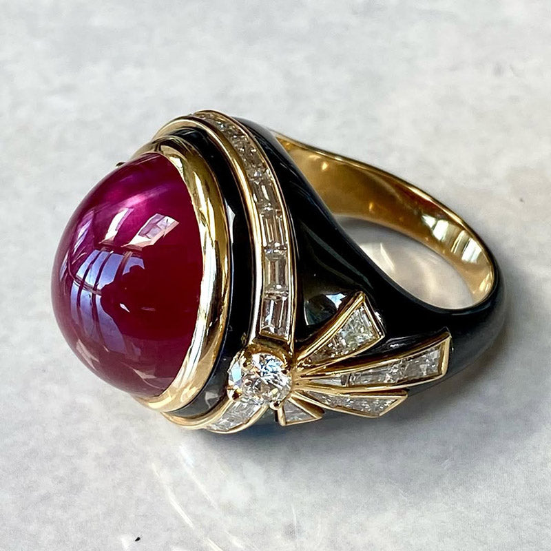 5.05Ctw Cabochon Ruby Black Hair Salon Ring-JEWELBUYS