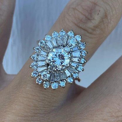 5.48TCW Round Cut & Baguette Cut White Diamond Ballerina Cocktail Ring - JEWELBUYS