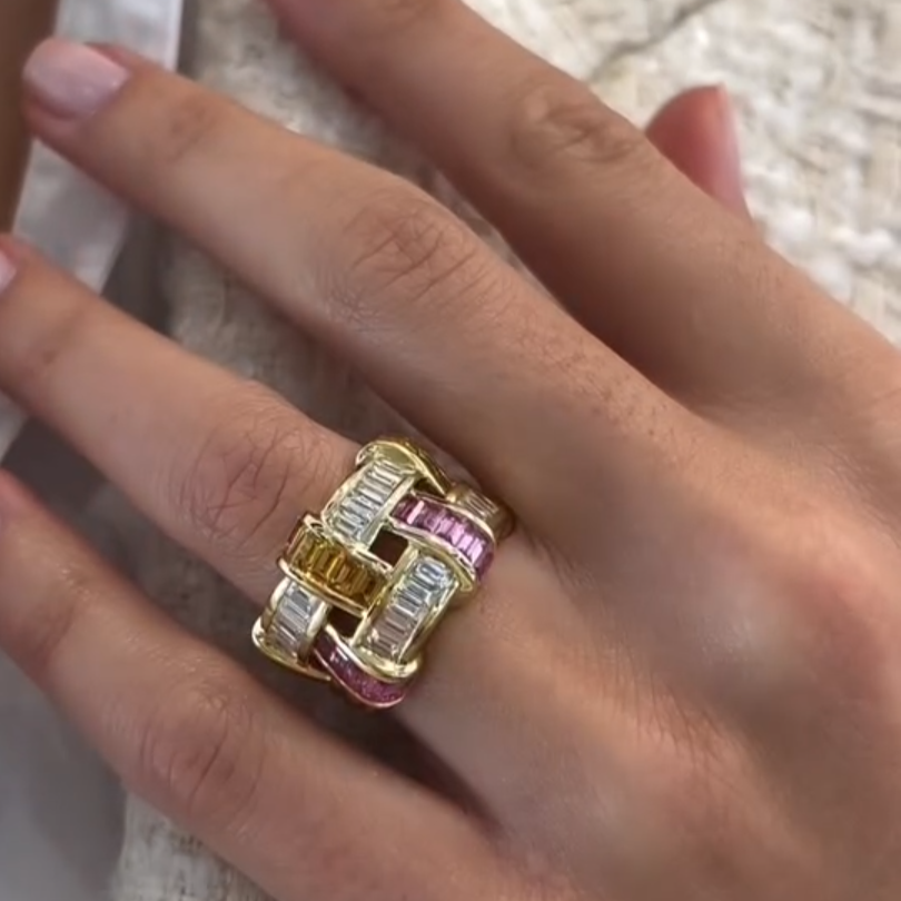 Eternal Art 2ct Emerald Cut Pink Sapphire Wide Band Two Tone Weave Ring in Gold-JEWELBUYS