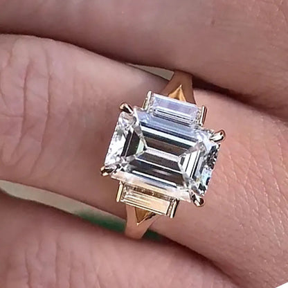 4.5ct Emerald Cut White Sapphire Split Shank Three Stones Engagement Ring-JEWELBUYS