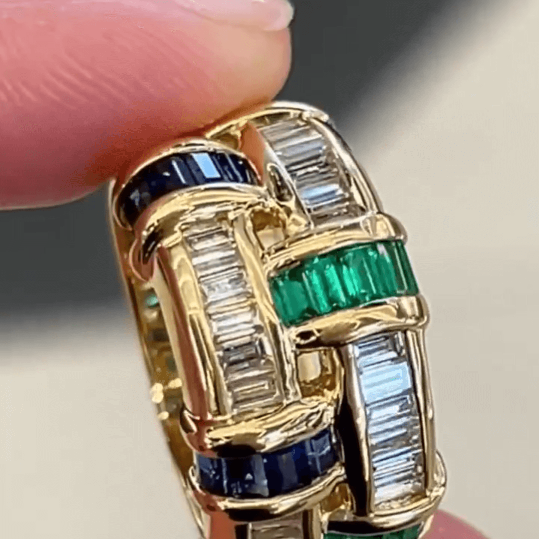 Eternal Art 2ct Emerald Cut Multi Sapphires Wide Band Two Tone Weave Ring in Gold-JEWELBUYS