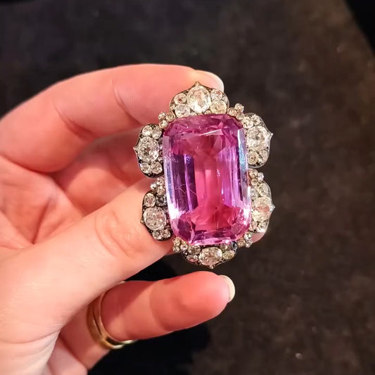 15Ctw Emerald-cut Pink Morganite Vintage Brooch-JEWELBUYS