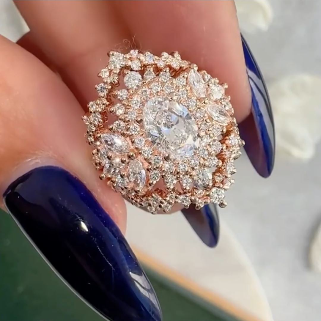 Art Deco Design 6ct Oval Cut White Sapphire with Double Halo Unique Women's Engagement Ring in Rose Gold-JEWELBUYS