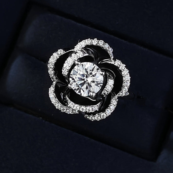 Unique 2 ctw Round Cut White Gemstone Black Camellia Ring -JEWELBUYS