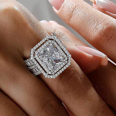 5.58ctw Radiant & Baguette Cut Wide Shank Halo Ring -JEWELBUYS