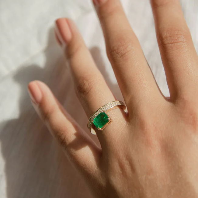 Personalized 2ct Emerald & Round Cut Green & White Sapphire Opening Ring-JEWELBUYS