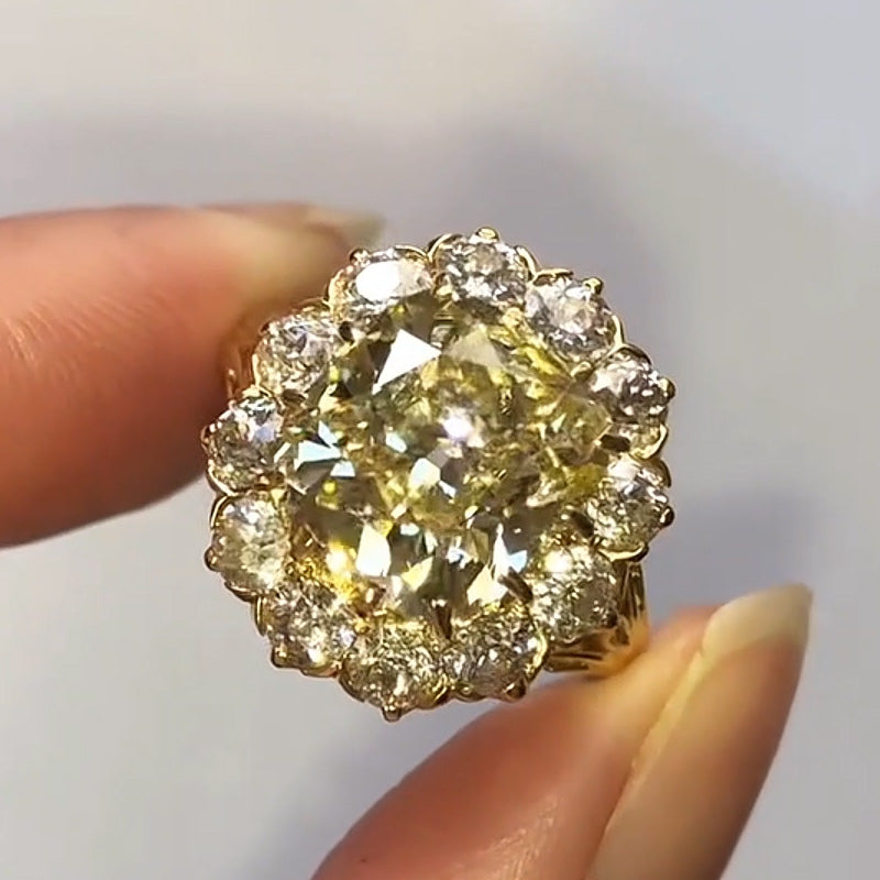 7.8ctw Light Yellow Old Cut Cushion Cut Gemstone Cluster Setting Ring-JEWELBUYS