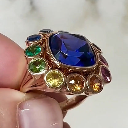 7.53 Ctw Cushion Cut Blue Gemstone and Mixed Color Sapphire Ring-JEWELBUYS