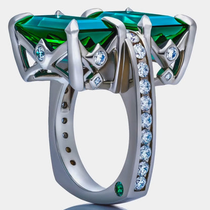 5ctw Emerald Cut Green Tourmaline Double Stone Interesting Ring-JEWELBUYS