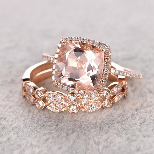 4ct Cushion Cut Pink Morganite & White Sapphire 3pcs Wedding Band Set-JEWELBUYS