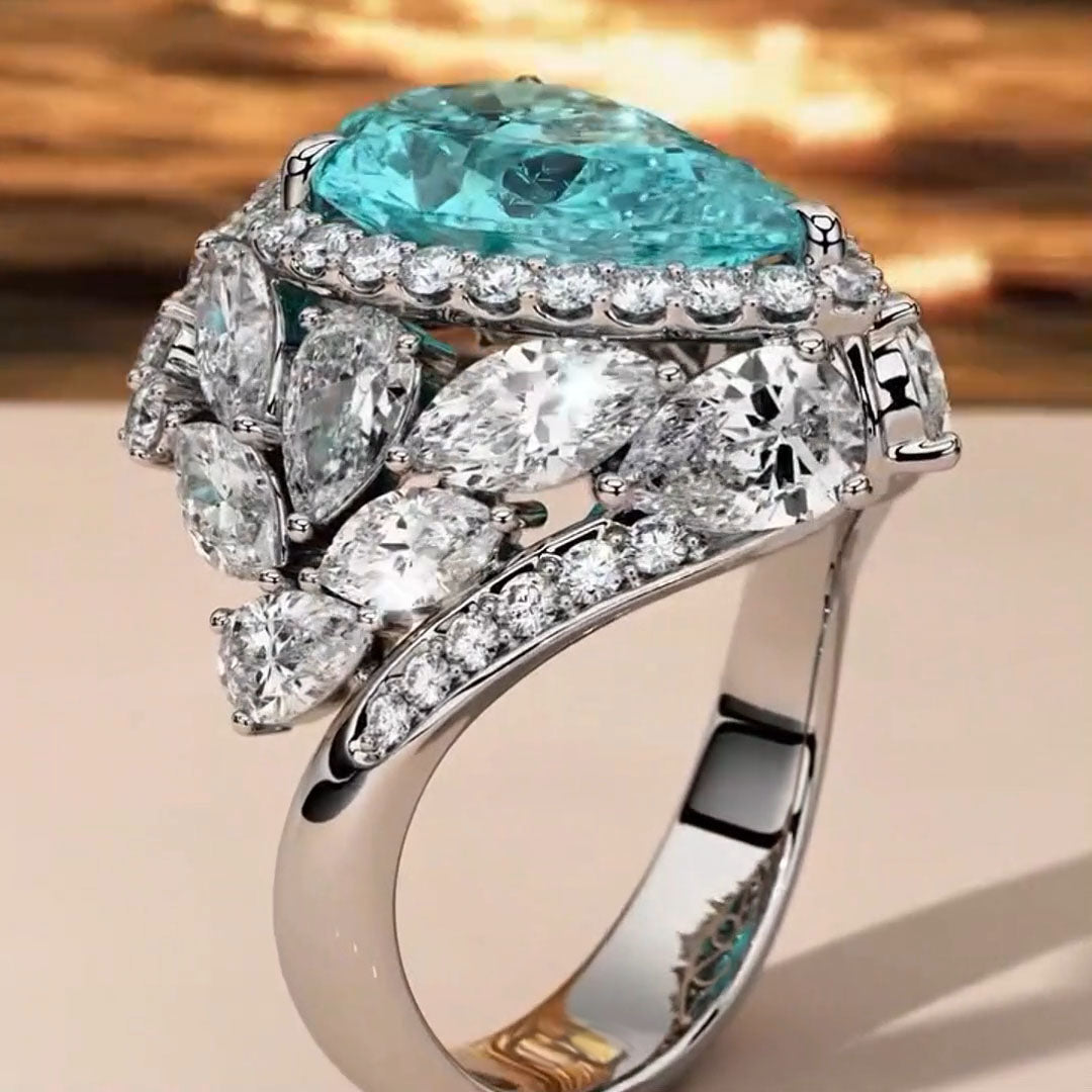 8.0Ctw Pear Cut Aquamarine Lab Sapphire Luxury Ring-JEWELBUYS