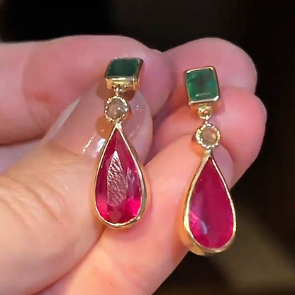 6.0ctw Various Cut Red and Emerald Two Tone Sapphire Drop Earrings - JEWELBUYS