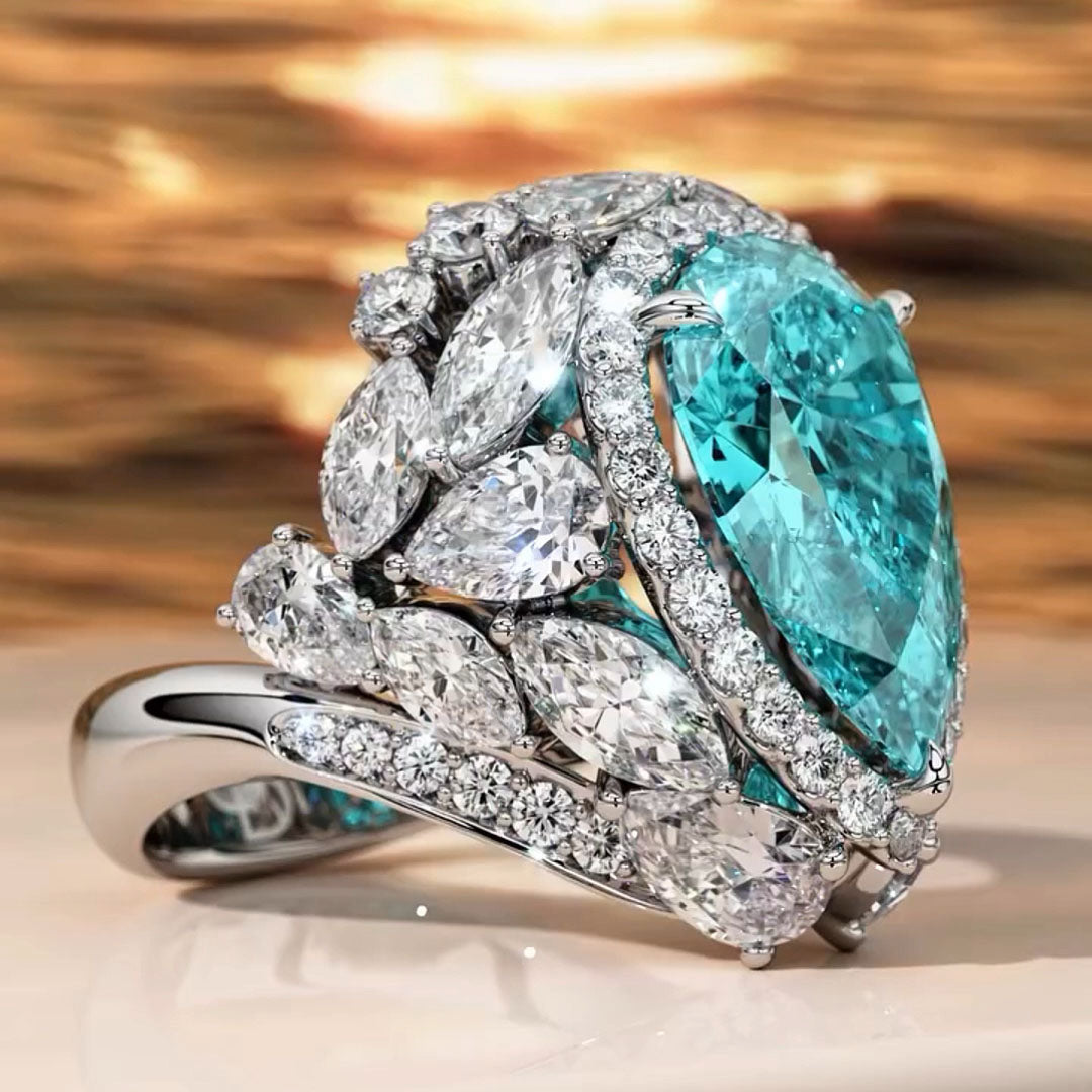 8.0Ctw Pear Cut Aquamarine Lab Sapphire Luxury Ring-JEWELBUYS