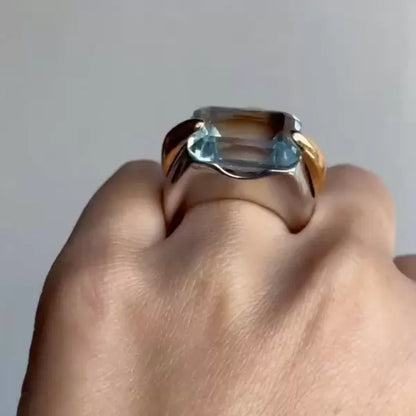 Minimalist 14ct Emerald Cut Blue Sapphire Cocktail Ring in Rose Gold and Silver-JEWELBUYS