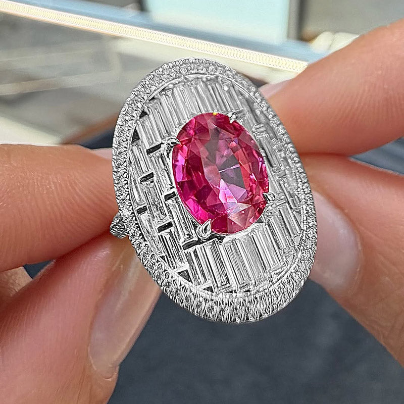 5.0Ctw Oval-cut pink sapphire and rectangular sapphire engagement ring-JEWELBUYS