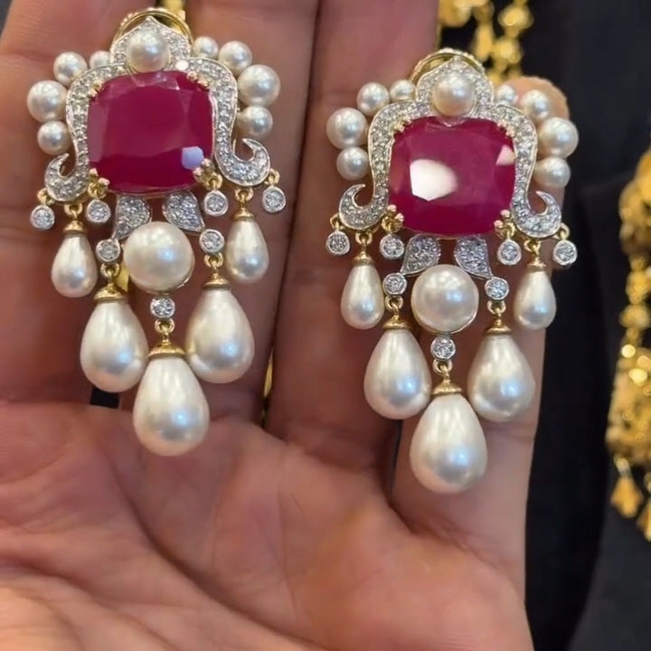 6.36Ctw cushion-cut ruby and pearl pendant earrings-JEWELBUYS