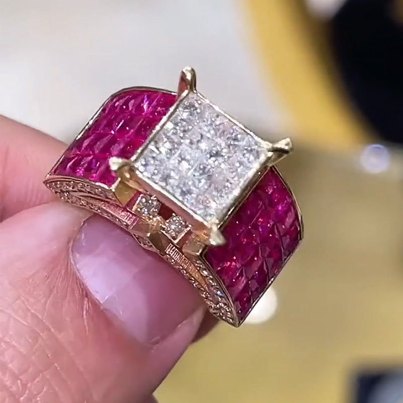 4.0Ctw Princess Square Cut Ruby and White Sapphire Personalized Ring-JEWELBUYS