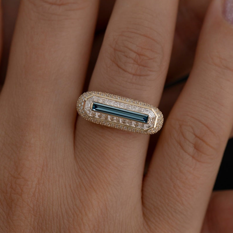 4.0Ctw Delicate Elongated Baguette Fancy Blue Sapphire Ring-JEWELBUYS
