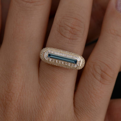 4.0Ctw Delicate Elongated Baguette Fancy Blue Sapphire Ring-JEWELBUYS