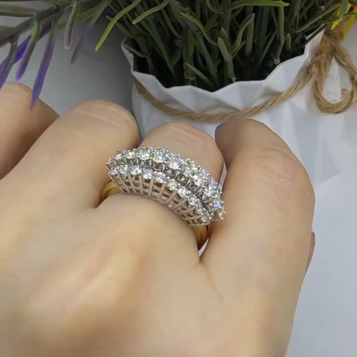 1.34Ctw Round-cut three-row sapphire bicolor gold ring- JEWELBUYS