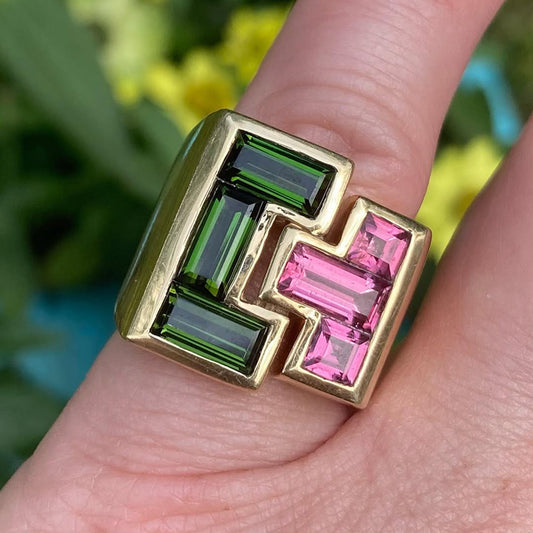 2.7Ctw Pink and Green Emerald Sapphire Architectural Style Ring-JEWELBUYS