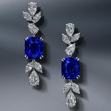 20ctw Cushion Cut Royal Blue & White Sapphire Drop Earrings-JEWELBUYS