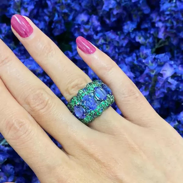 12ctw Blue Sapphire Oval Cut and Emearld Round Cut Two Tone Pave Set Ring-JEWELBUYS