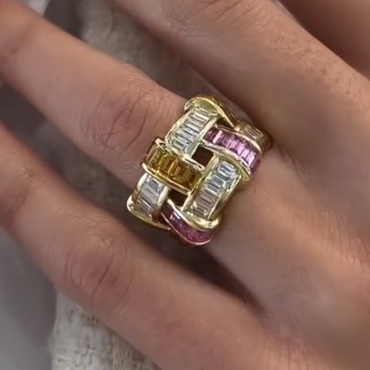 Eternal Art 2ct Emerald Cut Pink Sapphire Wide Band Two Tone Weave Ring in Gold-JEWELBUYS