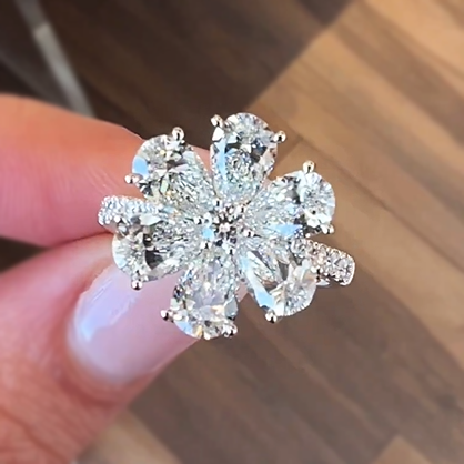 Delicate 3 ctw Pear & Round Cut White Gemstone Flower Ring -JEWELBUYS
