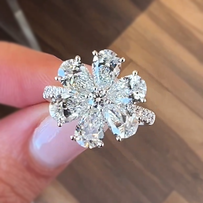 Delicate 3 ctw Pear & Round Cut White Gemstone Flower Ring -JEWELBUYS