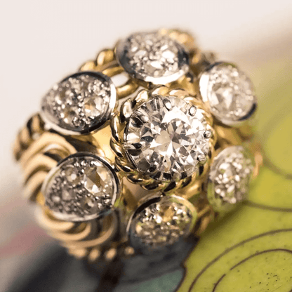 French Vintage 7ct Round Cut White Sapphire Yellow Gold Thread Dome Ring-JEWELBUYS