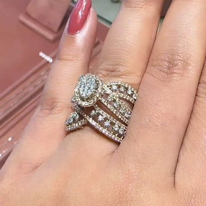 5ct Oval Halo Triple Band Arm Gemstone Ring -JEWELBUYS