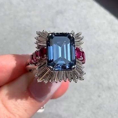6.24Ctw Emerald Cut Sapphire and Ruby Ballet Ring-JEWELBUYS