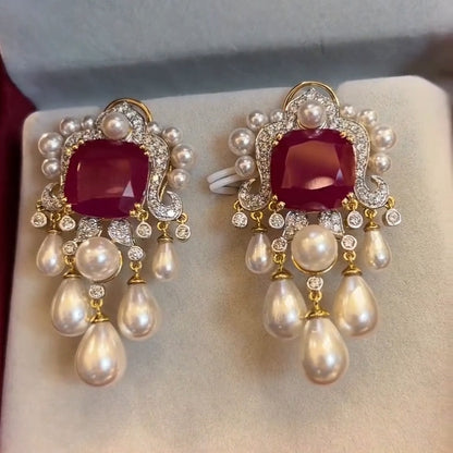 6.36Ctw cushion-cut ruby and pearl pendant earrings-JEWELBUYS