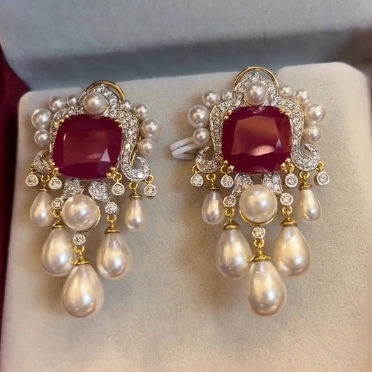 6.36Ctw cushion-cut ruby and pearl pendant earrings-JEWELBUYS