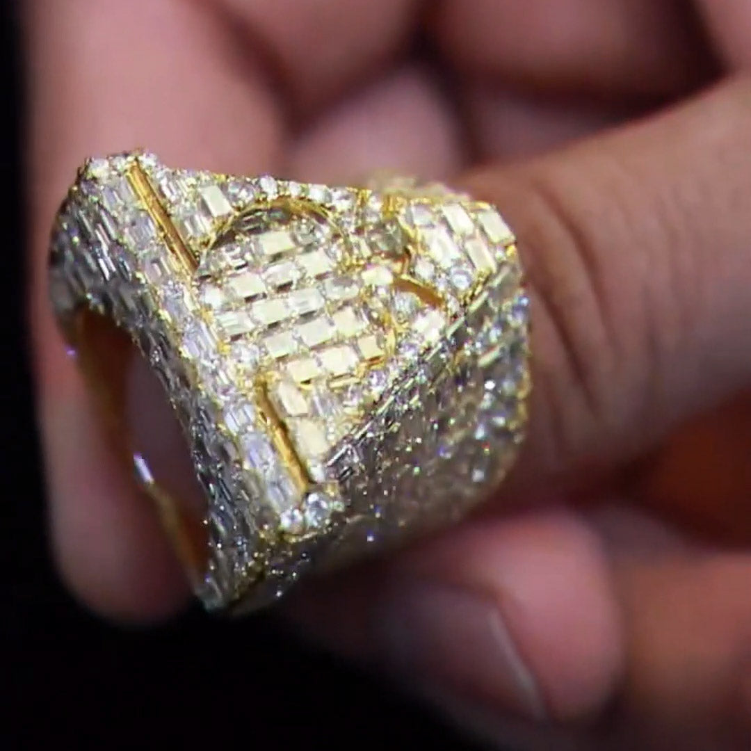 6ct Emerald Cut White Sapphire Paved Shank Men's Ring in Gold-JEWELBUYS