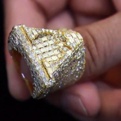 6ct Emerald Cut White Sapphire Paved Shank Men's Ring in Gold-JEWELBUYS
