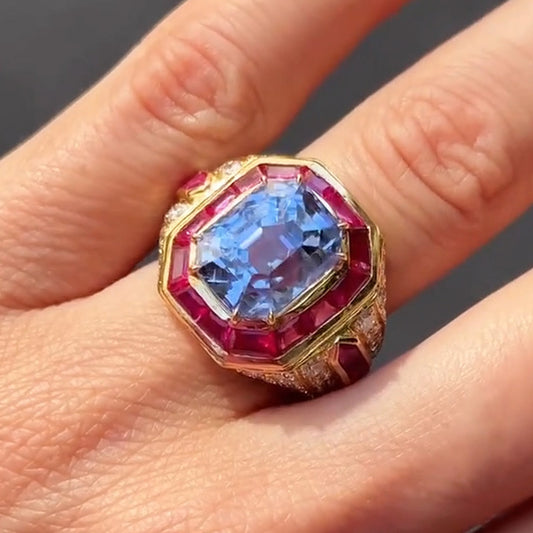 10.5ctw Ruby and Aquamarine Sapphire Ring-JEWELBUYS
